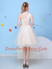 One Shoulder Bowknot Quinceanera Court of Honor Dress Champagne Lace Up Sleeveless Knee Length