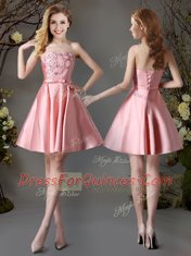 Red and Baby Blue and Champagne Lace Up Quinceanera Court Dresses Appliques and Bowknot Sleeveless Mini Length