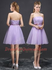 Mini Length Lace Up Vestidos de Damas Lavender for Prom and Party and Wedding Party with Lace and Belt
