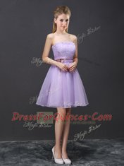 Mini Length Lace Up Vestidos de Damas Lavender for Prom and Party and Wedding Party with Lace and Belt