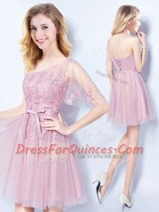 Noble Pink Tulle Lace Up One Shoulder Sleeveless Mini Length Quinceanera Court Dresses Appliques and Belt
