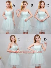 Free and Easy Off The Shoulder Sleeveless Damas Dress Mini Length Lace and Appliques and Belt Apple Green Tulle