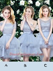 Latest Off the Shoulder Sleeveless Mini Length Lace and Ruffles and Belt Lace Up Court Dresses for Sweet 16 with Grey