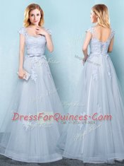 Light Blue Lace Up Scoop Appliques and Belt Dama Dress Tulle Cap Sleeves