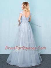Light Blue Lace Up Scoop Appliques and Belt Dama Dress Tulle Cap Sleeves