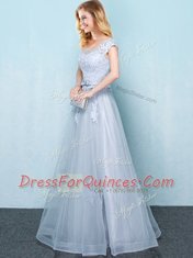 Light Blue Lace Up Scoop Appliques and Belt Dama Dress Tulle Cap Sleeves