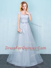 Light Blue Lace Up Scoop Appliques and Belt Dama Dress Tulle Cap Sleeves