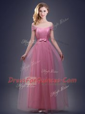 Pink Lace Up Off The Shoulder Ruching and Bowknot Court Dresses for Sweet 16 Tulle Sleeveless