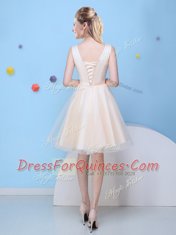Scoop Sleeveless Tulle Knee Length Lace Up Vestidos de Damas in Champagne with Bowknot