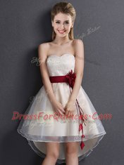Dramatic Champagne Organza Lace Up Sweetheart Sleeveless High Low Vestidos de Damas Lace and Hand Made Flower