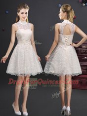 Sexy Champagne Lace Lace Up Vestidos de Damas Sleeveless Knee Length Lace and Appliques