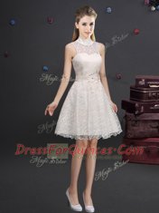 Sexy Champagne Lace Lace Up Vestidos de Damas Sleeveless Knee Length Lace and Appliques