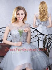 Scoop Tulle Cap Sleeves Knee Length Damas Dress and Lace and Appliques and Belt