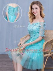 Off the Shoulder Aqua Blue Empire Lace and Appliques and Bowknot Vestidos de Damas Lace Up Tulle Short Sleeves Knee Length