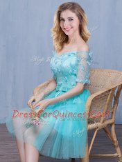 Off the Shoulder Aqua Blue Empire Lace and Appliques and Bowknot Vestidos de Damas Lace Up Tulle Short Sleeves Knee Length