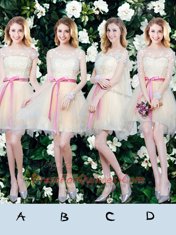 Sophisticated Tulle Off The Shoulder Short Sleeves Lace Up Lace and Appliques and Ruffles and Bowknot Dama Dress in Champagne