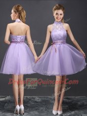 Great Halter Top Lavender Sleeveless Mini Length Lace and Belt Lace Up Vestidos de Damas