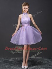 Great Halter Top Lavender Sleeveless Mini Length Lace and Belt Lace Up Vestidos de Damas