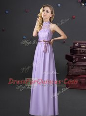 Lavender Empire Halter Top Sleeveless Chiffon Floor Length Lace Up Lace and Belt Dama Dress