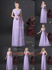 Lavender Empire Halter Top Sleeveless Chiffon Floor Length Lace Up Lace and Belt Dama Dress
