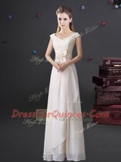 Glittering Floor Length Empire Cap Sleeves White Damas Dress Zipper