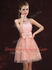 Peach Halter Top Neckline Lace and Bowknot Damas Dress Sleeveless Lace Up