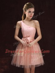 A-line Quinceanera Dama Dress Peach One Shoulder Tulle and Lace Sleeveless Mini Length Lace Up