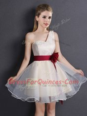 One Shoulder Champagne Lace Up Dama Dress for Quinceanera Lace and Hand Made Flower Sleeveless Mini Length
