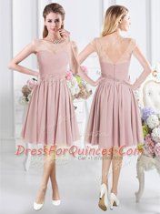 Pink A-line Scoop Cap Sleeves Chiffon Knee Length Zipper Lace and Ruching Quinceanera Court Dresses