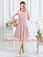 Pink A-line Scoop Cap Sleeves Chiffon Knee Length Zipper Lace and Ruching Quinceanera Court Dresses