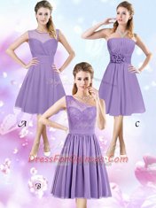 Chiffon Scoop Sleeveless Zipper Lace and Ruching and Hand Made Flower Quinceanera Court Dresses in Lavender