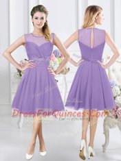 Chiffon Scoop Sleeveless Zipper Lace and Ruching and Hand Made Flower Quinceanera Court Dresses in Lavender