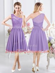 Chiffon Scoop Sleeveless Zipper Lace and Ruching and Hand Made Flower Quinceanera Court Dresses in Lavender