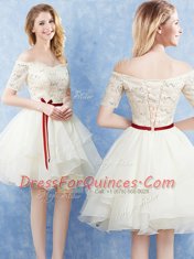 Delicate Off The Shoulder Short Sleeves Court Dresses for Sweet 16 Mini Length Lace and Ruffles and Belt Champagne Organza