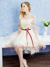 Delicate Off The Shoulder Short Sleeves Court Dresses for Sweet 16 Mini Length Lace and Ruffles and Belt Champagne Organza