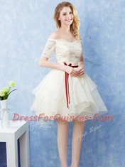 Delicate Off The Shoulder Short Sleeves Court Dresses for Sweet 16 Mini Length Lace and Ruffles and Belt Champagne Organza