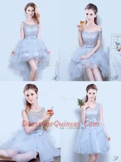 Sexy One Shoulder Grey Lace Up Quinceanera Dama Dress Lace and Ruffles and Bowknot Sleeveless Mini Length