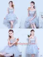 Sexy One Shoulder Grey Lace Up Quinceanera Dama Dress Lace and Ruffles and Bowknot Sleeveless Mini Length