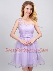 One Shoulder Mini Length Lace Up Vestidos de Damas Lavender for Prom and Party and Wedding Party with Lace and Appliques and Belt