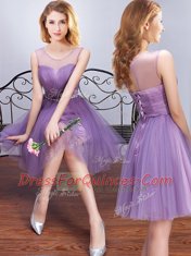 Top Selling Scoop Sleeveless Tulle Mini Length Lace Up Court Dresses for Sweet 16 in Lavender with Beading and Ruching and Belt