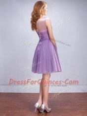 Top Selling Scoop Sleeveless Tulle Mini Length Lace Up Court Dresses for Sweet 16 in Lavender with Beading and Ruching and Belt