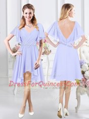 V-neck Short Sleeves Zipper Vestidos de Damas Lavender Chiffon