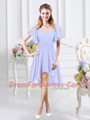 V-neck Short Sleeves Zipper Vestidos de Damas Lavender Chiffon