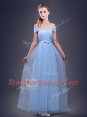 Low Price Off the Shoulder Light Blue Sleeveless Floor Length Ruching and Bowknot Lace Up Quinceanera Dama Dress