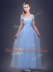Low Price Off the Shoulder Light Blue Sleeveless Floor Length Ruching and Bowknot Lace Up Quinceanera Dama Dress