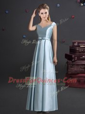 Off the Shoulder Bowknot Dama Dress for Quinceanera Light Blue Zipper Cap Sleeves Floor Length