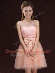 Excellent Scoop Mini Length Lace Up Quinceanera Dama Dress Peach for Prom and Party and Wedding Party with Lace and Bowknot