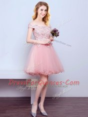 Off the Shoulder Pink Sleeveless Tulle Lace Up Dama Dress for Prom and Party and Wedding Party