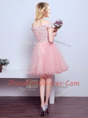 Off the Shoulder Pink Sleeveless Tulle Lace Up Dama Dress for Prom and Party and Wedding Party