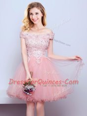 Off the Shoulder Pink Sleeveless Tulle Lace Up Dama Dress for Prom and Party and Wedding Party